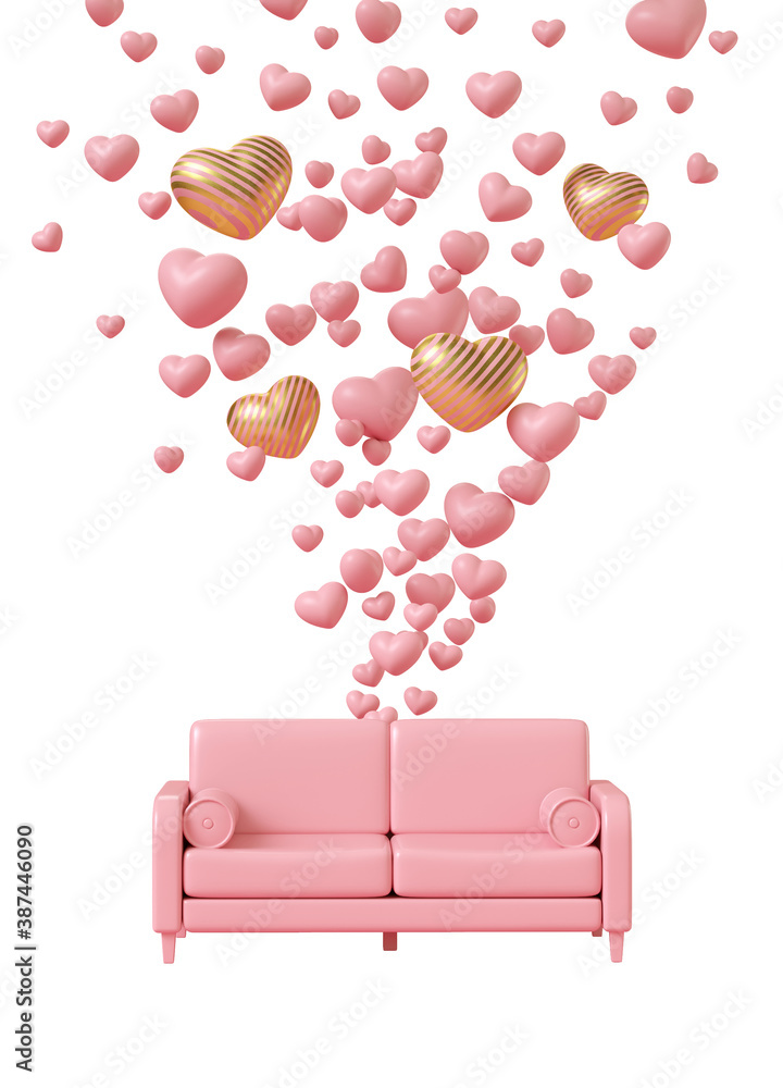 Minimal happiness object for love, wedding and valentine concept. Pink sofa with golden stripe heart