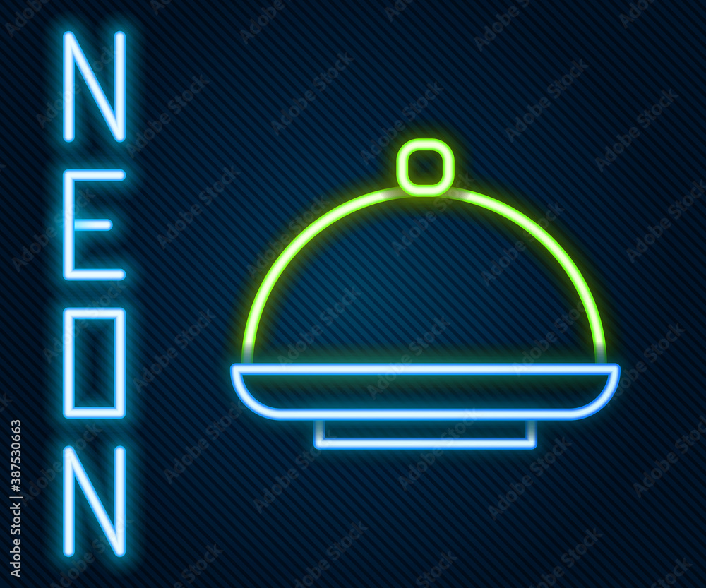 Glowing neon line Covered with a tray of food icon isolated on black background. Tray and lid sign. 