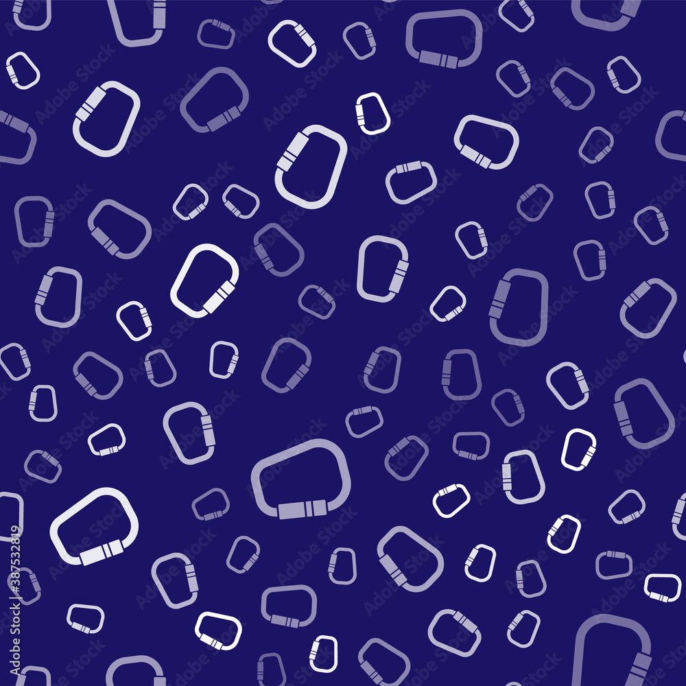 White Carabiner icon isolated seamless pattern on blue background. Extreme sport. Sport equipment. V