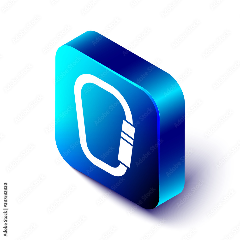 Isometric Carabiner icon isolated on white background. Extreme sport. Sport equipment. Blue square b