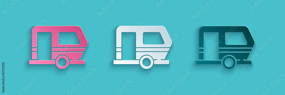 Paper cut Rv Camping trailer icon isolated on blue background. Travel mobile home, caravan, home cam