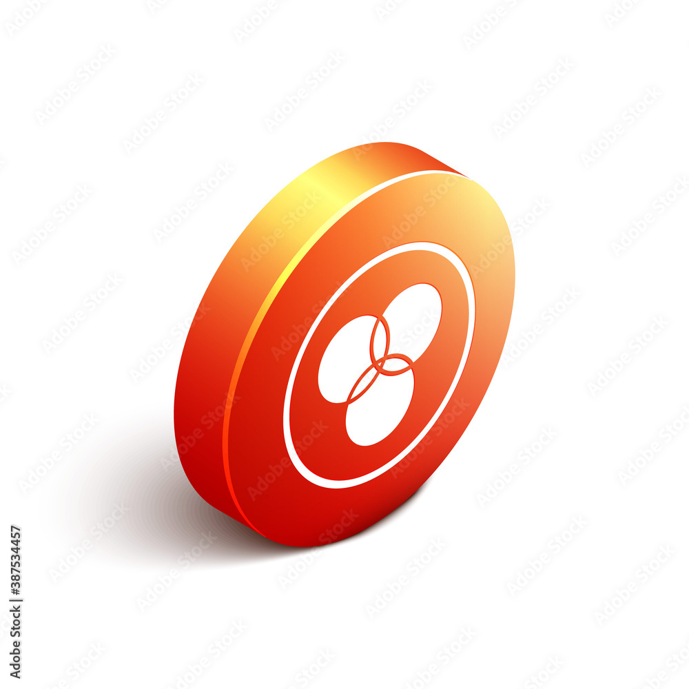 Isometric RGB and CMYK color mixing icon isolated on white background. Orange circle button. Vector.