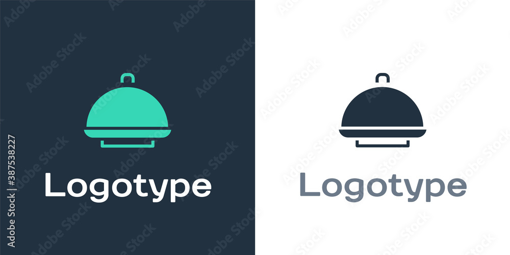 标志类型覆盖着一盘白色背景上隔离的食物图标。托盘和盖子标志。餐厅