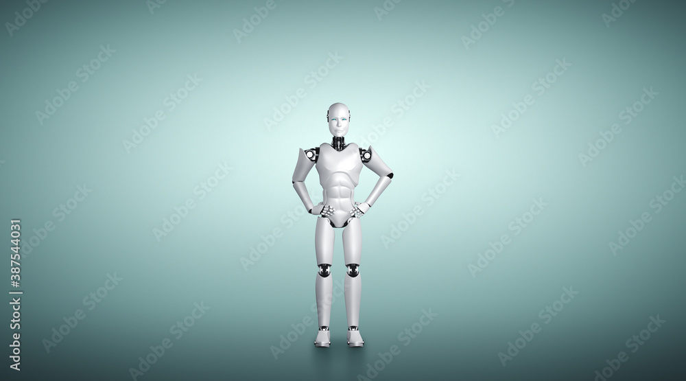 Standing humanoid robot looking forward on clean background 3D illustration