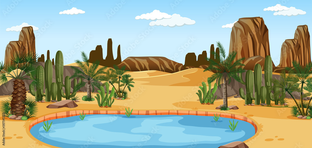 Desert oasis with palms and cactus nature landscape scene