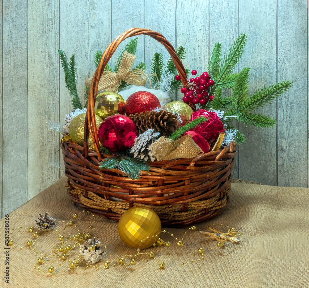 A Christmas basket on the table for celebration decoration.