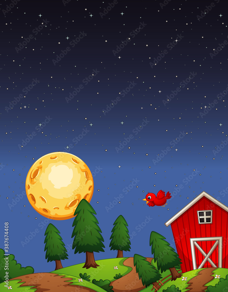 Red barn in the farm at night scene
