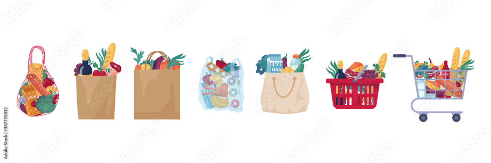 Consumer food basket with bakery, meat and butchery products isolated set. Vector full shopping cart