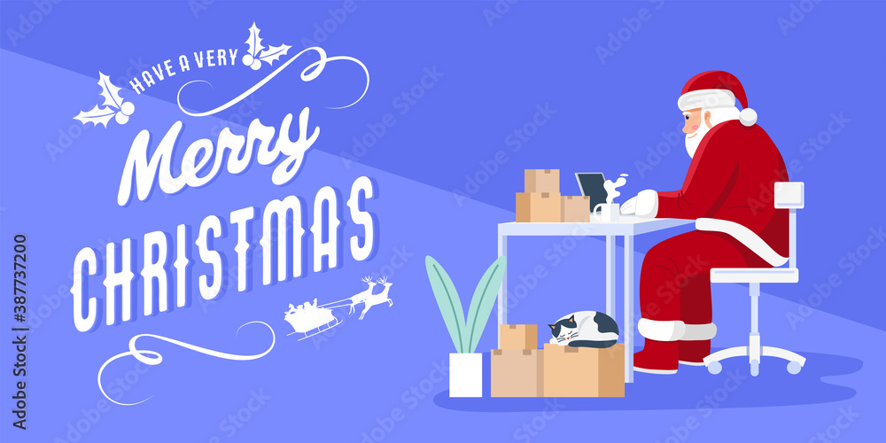 Santa claus using laptop to send gifts on Christmas day. Vector