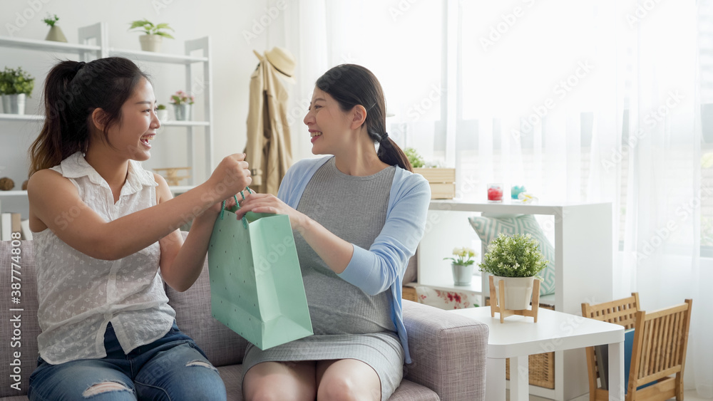 smiling asian chinese beautiful pregnant woman receiving gift in shopping bag from her female best f