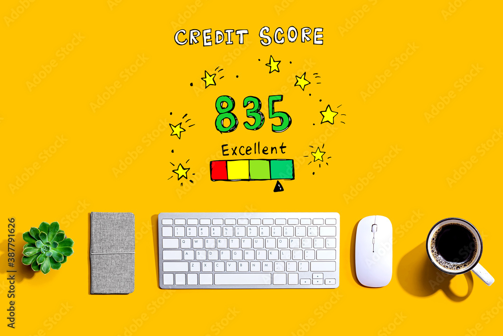 Excellent credit score theme with a computer keyboard and a mouse