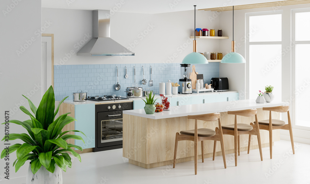 Modern kitchen interior with furniture.Stylish kitchen interior with white wall.