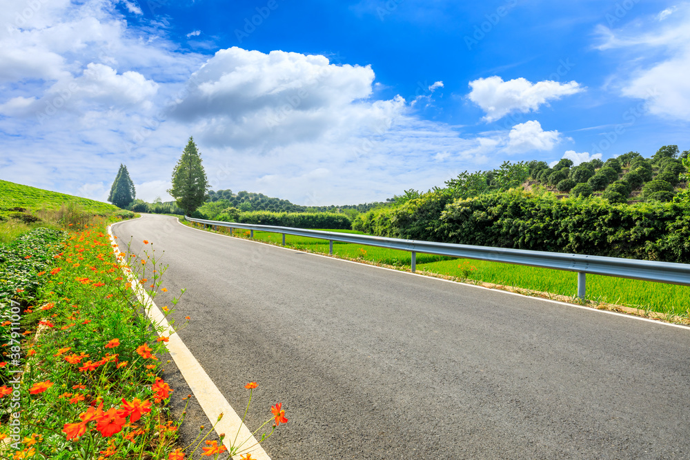 Countryside asphalt road and green tea plantations with mountain natural scenery in Hangzhou on a su