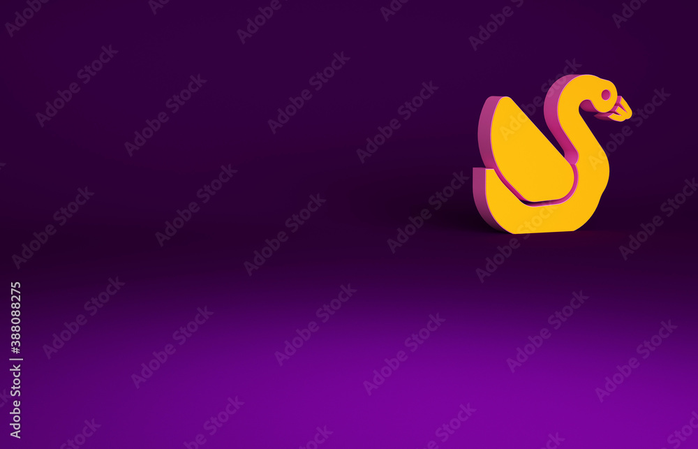 橙色天鹅鸟图标隔离在紫色背景上。动物符号。极简主义概念。3d插图