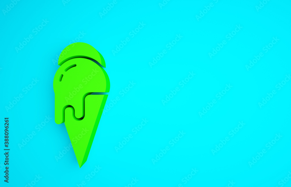Green Ice cream in waffle cone icon isolated on blue background. Sweet symbol. Minimalism concept. 3