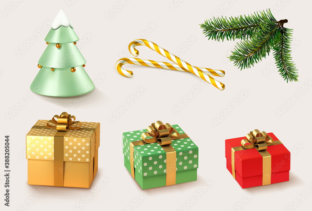 Christmas golden and red gifts with Christmas caramel and Christmas tree and branches. 3d realistic 