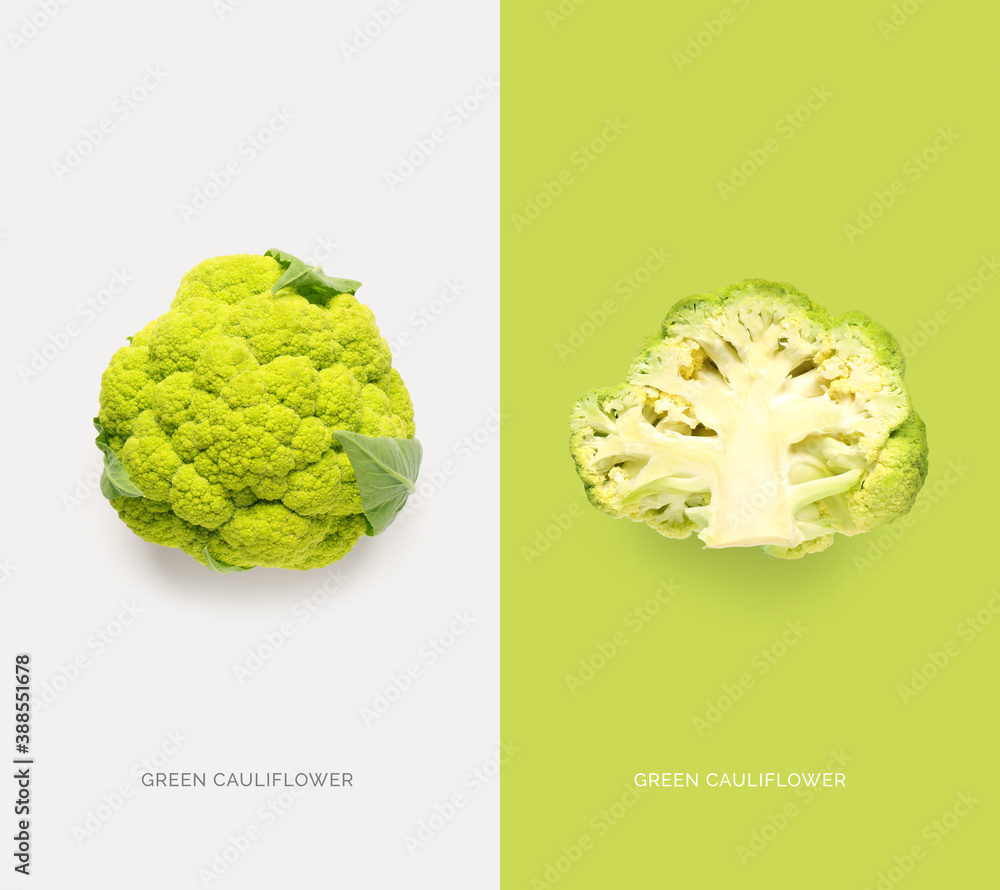 Creative layout made of green cauliflower on the white background. Flat lay. Food concept. Macro  co