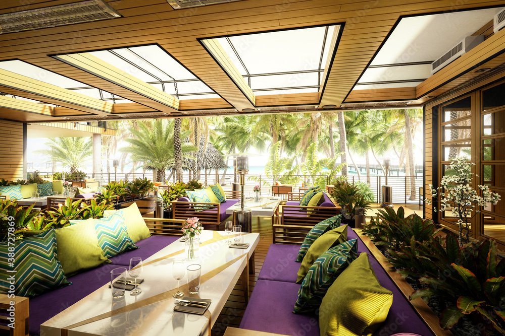 Terrace Chill & Restaurant Area Inside a Resort- 3d architectural visualization