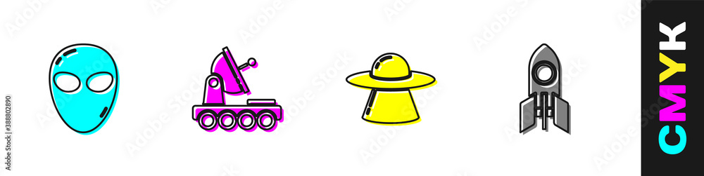 Set Alien, Mars rover, UFO flying spaceship and Rocket icon. Vector.