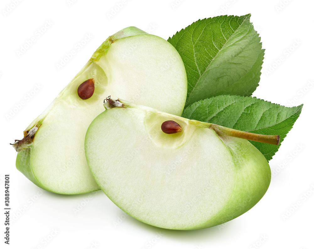 Fresh organic apple slice with leaves