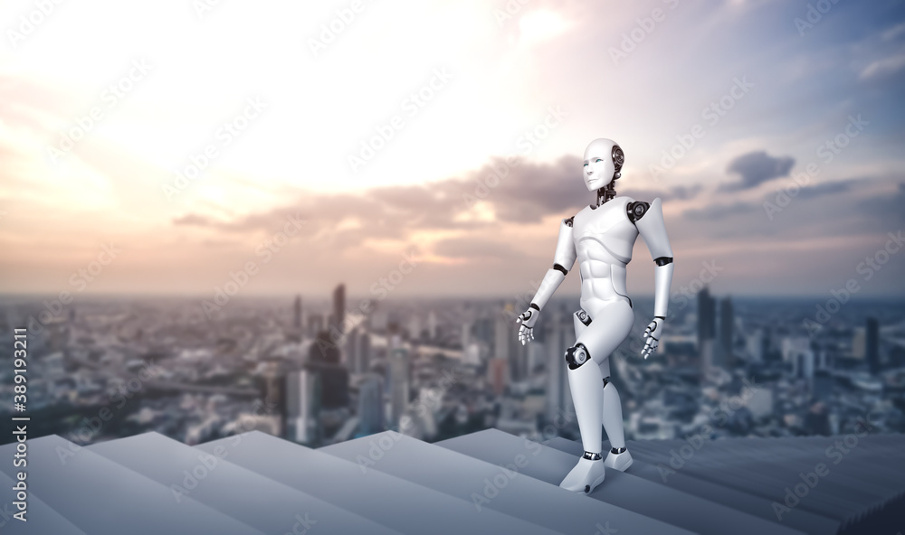 3D渲染机器人类人走上楼梯走向成功和目标实现。人工智能思维的概念b