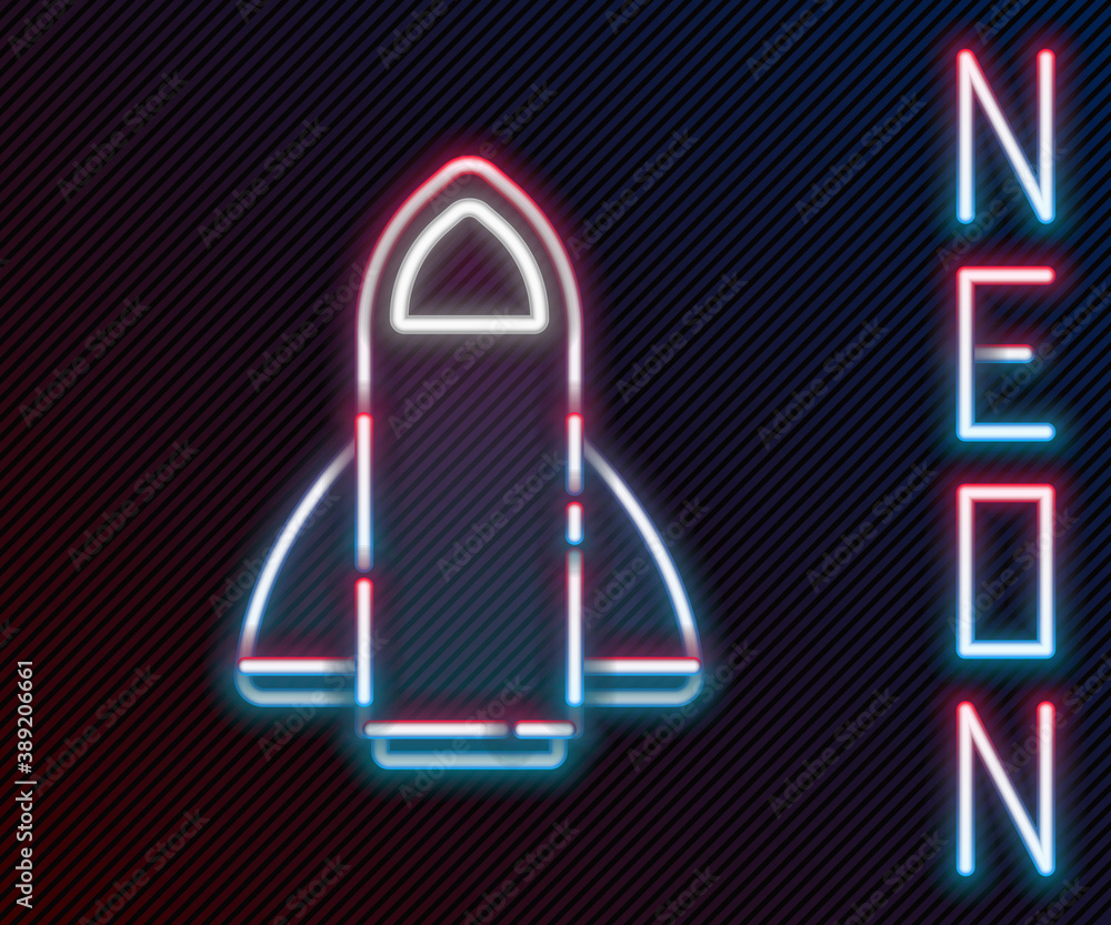 Glowing neon line Rocket ship icon isolated on black background. Space travel. Colorful outline conc
