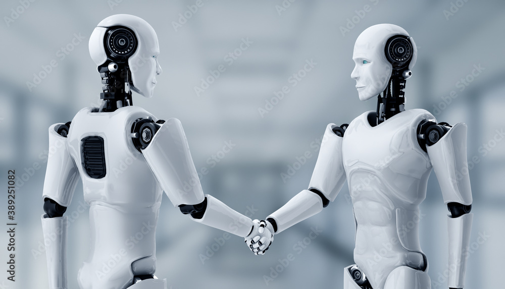 3D rendering humanoid robot handshake to collaborate future technology development by AI thinking br