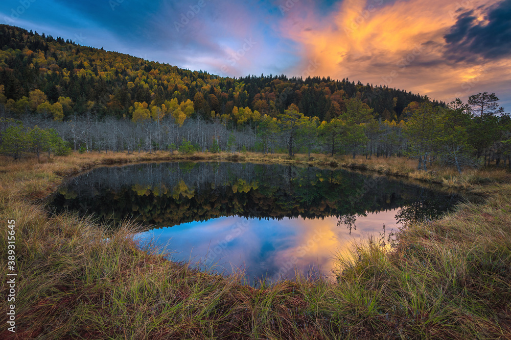 Famous Tinovul Mohos with small lake at sunrise, Transylvania, Romania