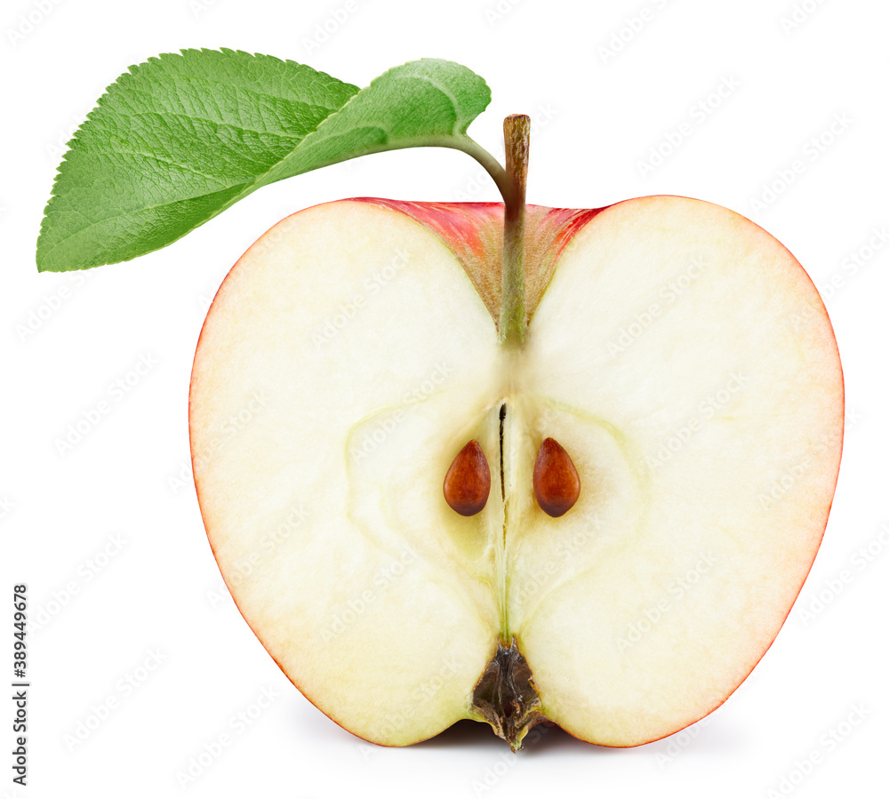 半个苹果，叶子被隔离