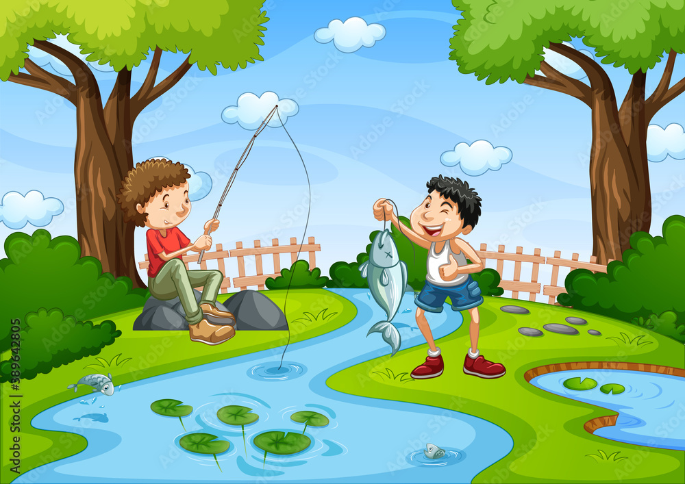 Two boys go fishing in the stream scene
