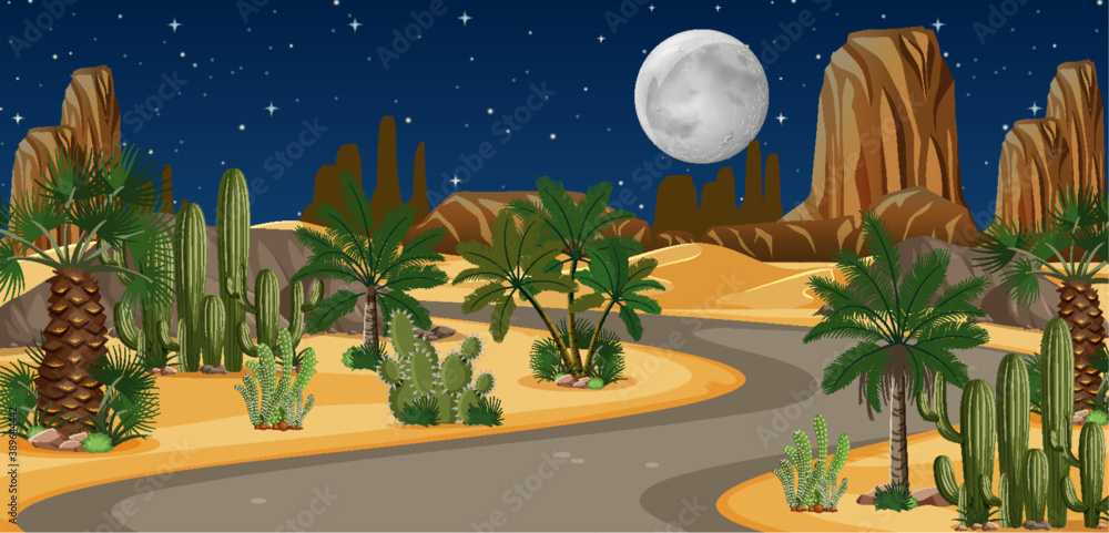 Desert oasis with long road landscape at night scene