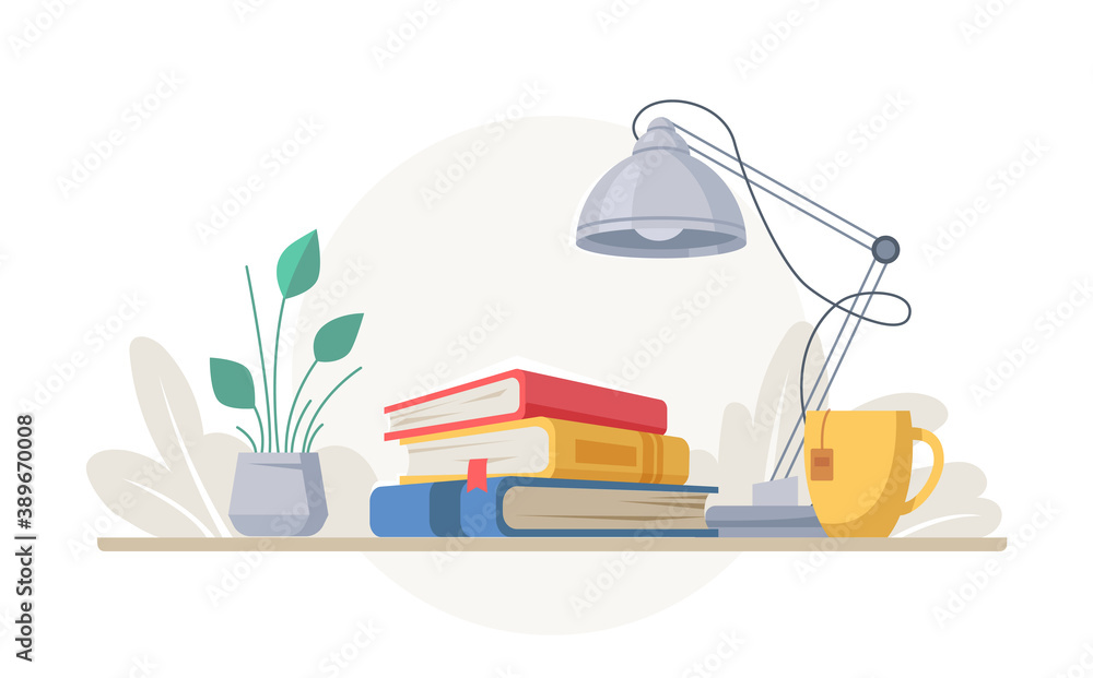 Stack of books, lamp, and cup of tea, green plant in pot isolated. Vector desk with textbooks or enc