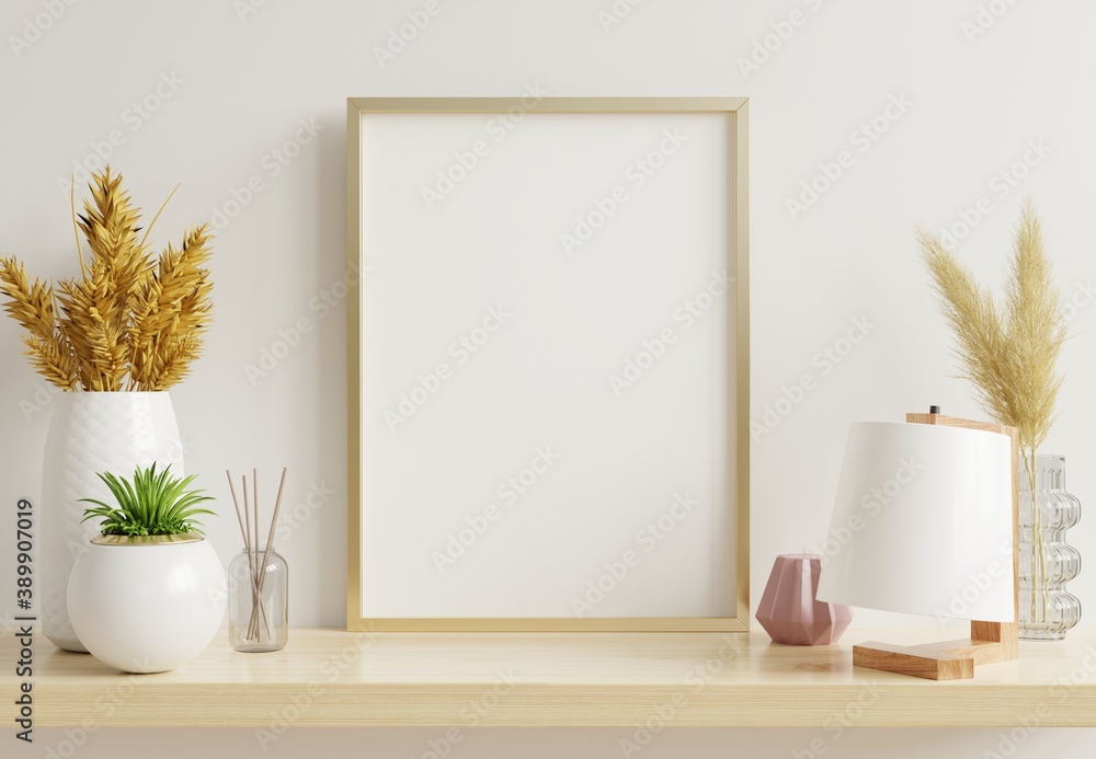 Home interior poster mock up with vertical gold frame with ornamental plants in pots on empty wall b