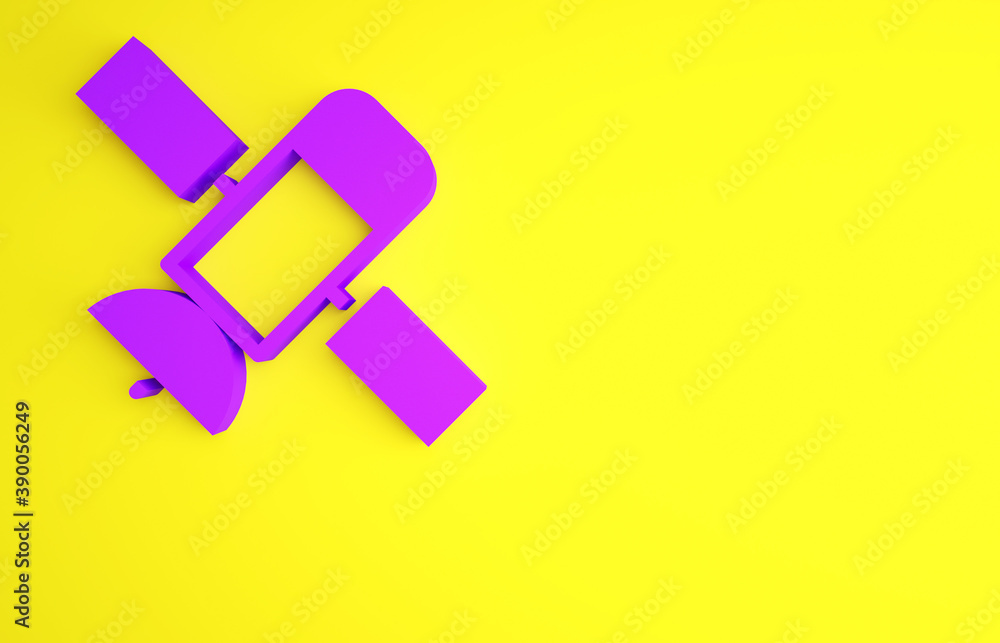 黄色背景上隔离的紫色卫星图标。极简主义概念。3d插图3d渲染。