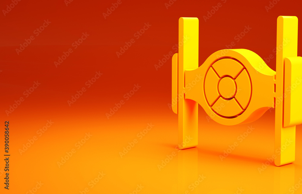 黄色宇宙飞船图标隔离在橙色背景上。极简主义概念。3d插图3d渲染