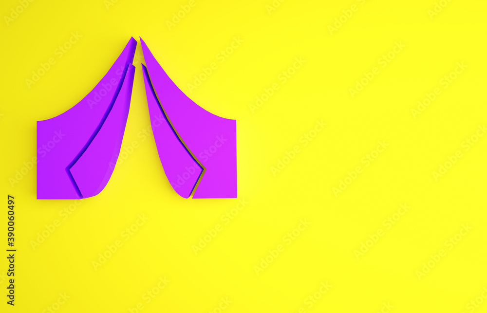 黄色背景上隔离的紫色旅游帐篷图标。露营符号。极简主义概念。3d插图