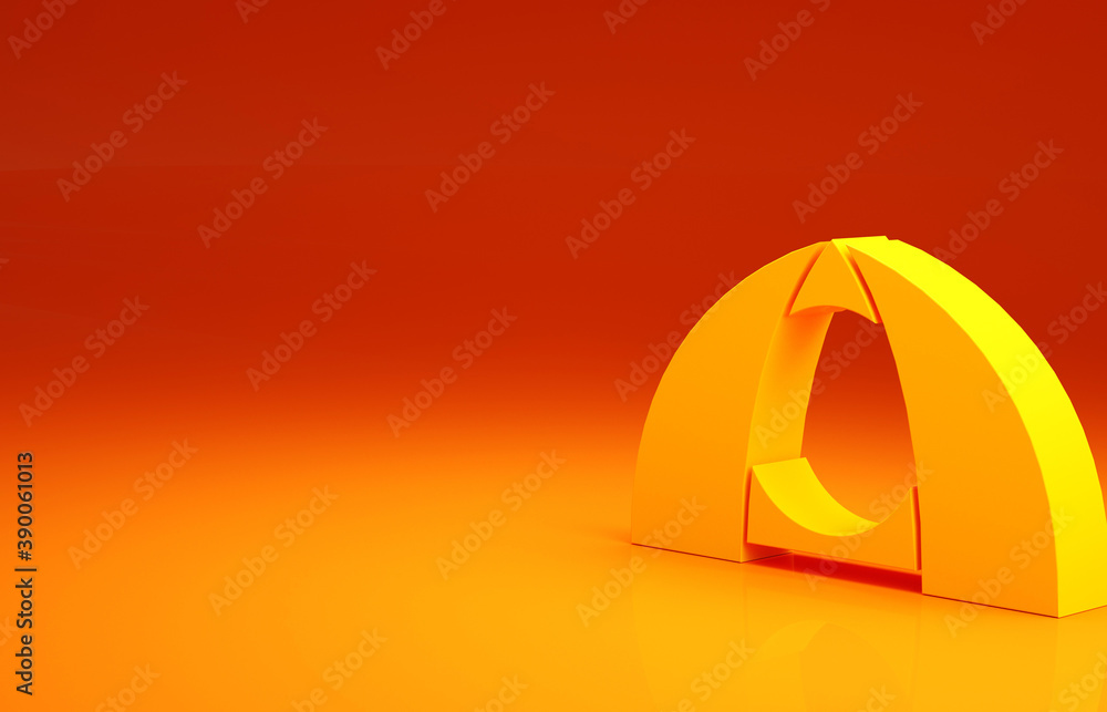 黄色旅游帐篷图标隔离在橙色背景上。露营符号。极简主义概念。3d插图