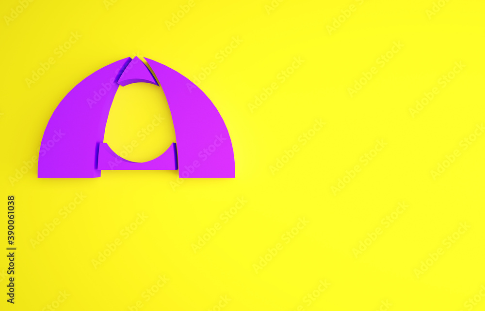 Purple Tourist tent icon isolated on yellow background. Camping symbol. Minimalism concept. 3d illus