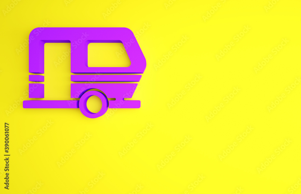 黄色背景上隔离的紫色Rv露营拖车图标。旅行移动房屋、房车、家庭营地