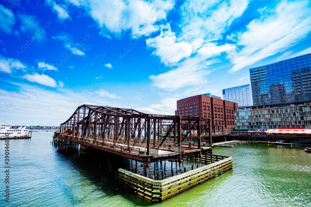 View of Old Northern Ave Bridge over fort point channel in Boston, Massachusetts, USA