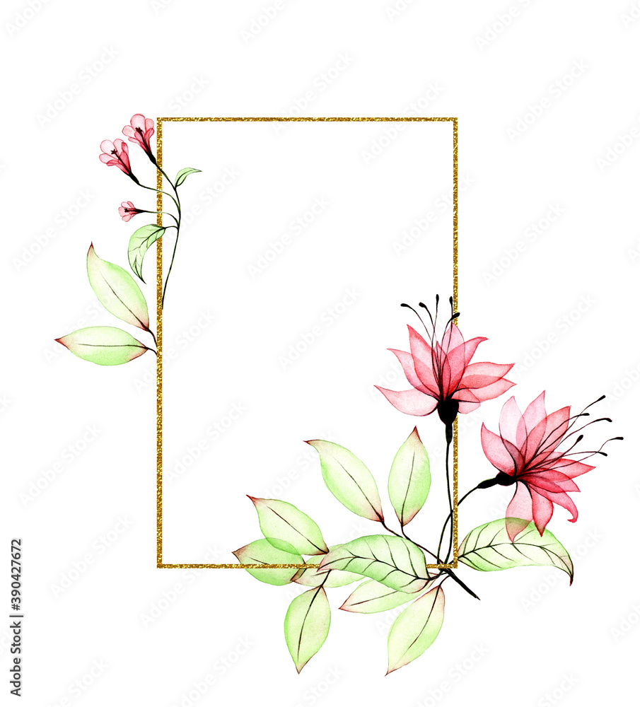 长方形金色框架，带透明的热带花朵和叶子。水彩透明花朵