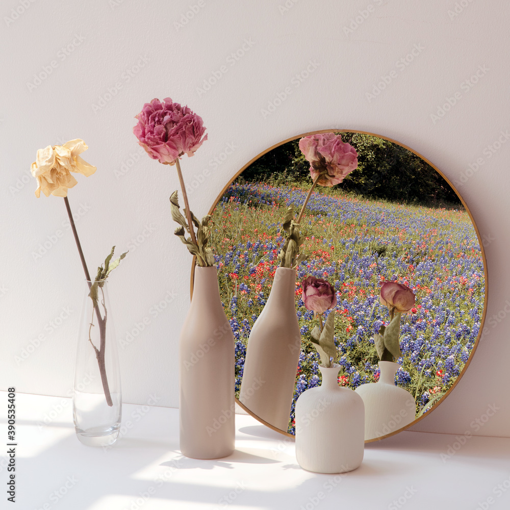 圆形镜子旁最小花瓶中的干花