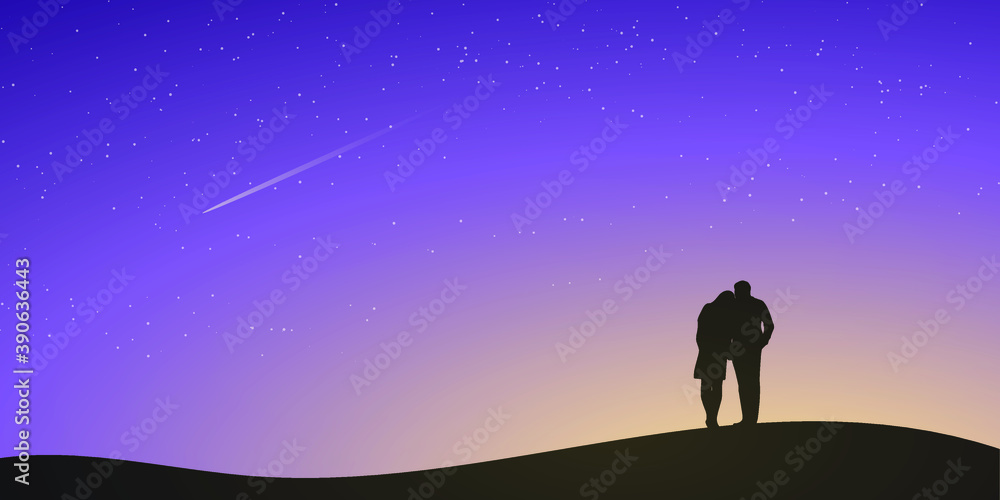 一对情侣在夜晚的剪影，天空中有许多星星。情人节快乐概念.V