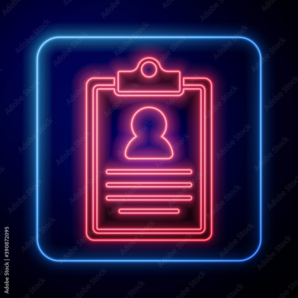 Glowing neon Medical clipboard with clinical record icon isolated on blue background. Prescription, 