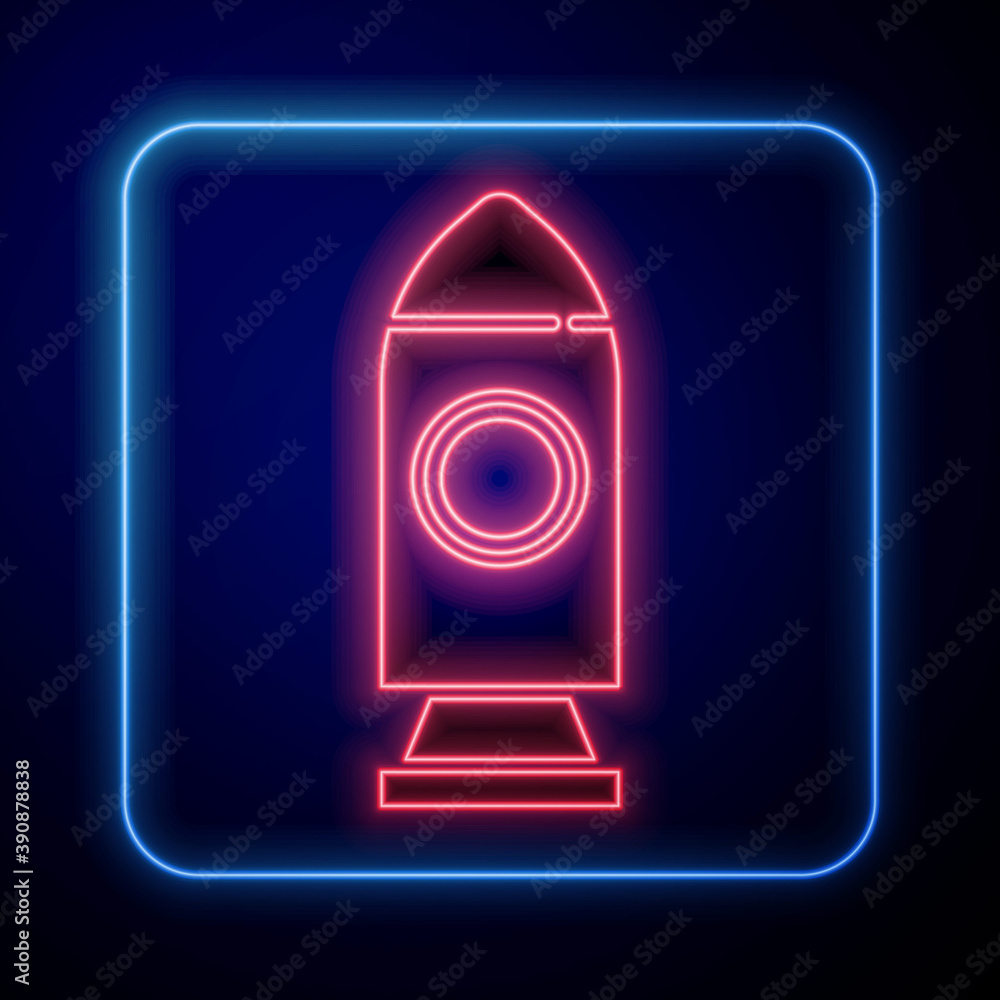闪烁的霓虹灯火箭船图标被隔离在蓝色背景上。太空旅行。矢量。