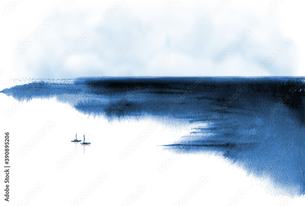 极简主义水墨画风景与渔船和海岸。传统日本水墨画