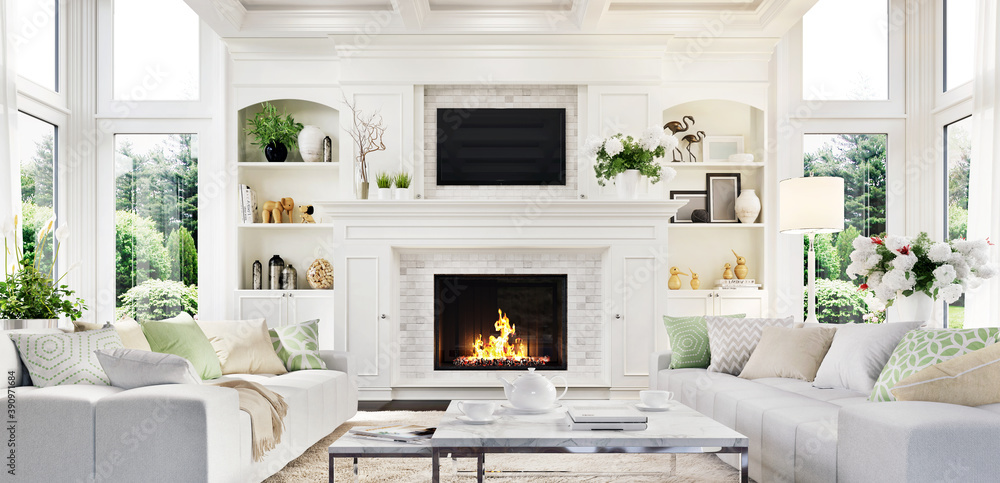 美丽家园的豪华白色客厅和壁炉室内设计
