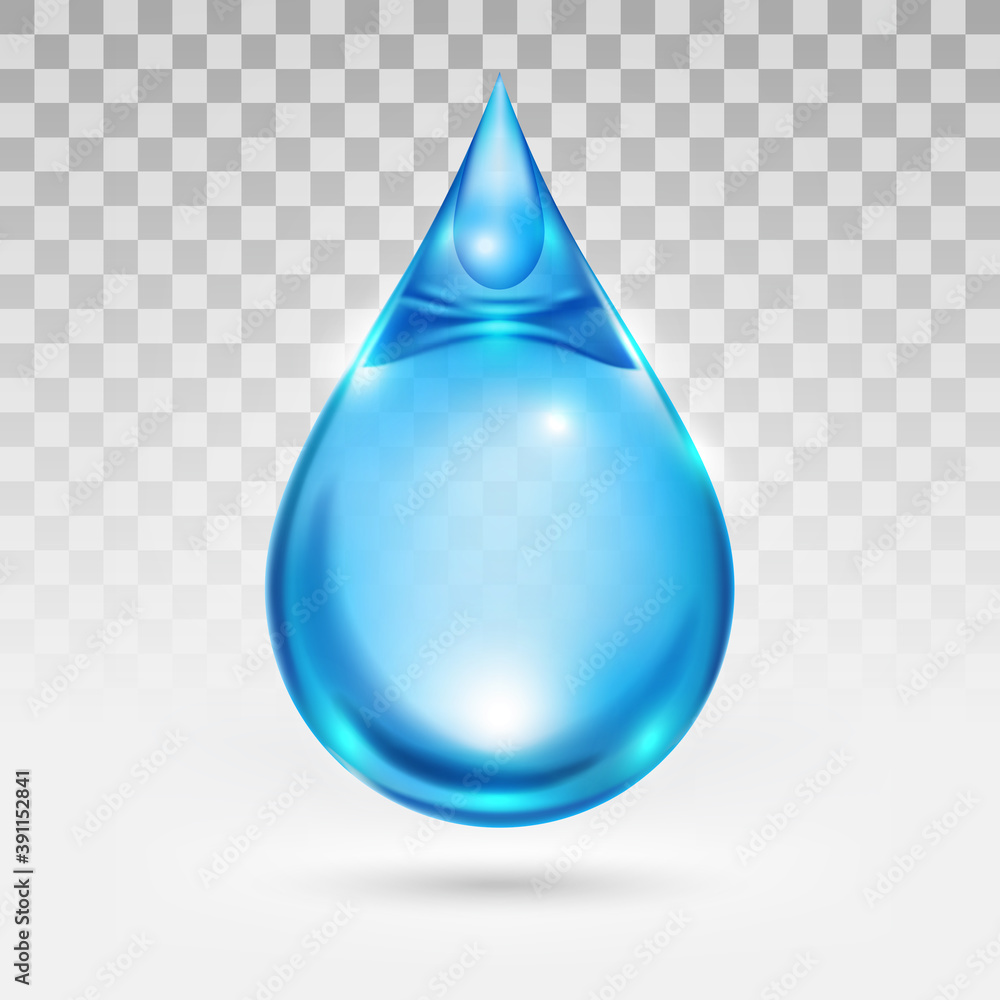 透明白色背景上隔离的水滴，蓝色透明液体，矢量插图