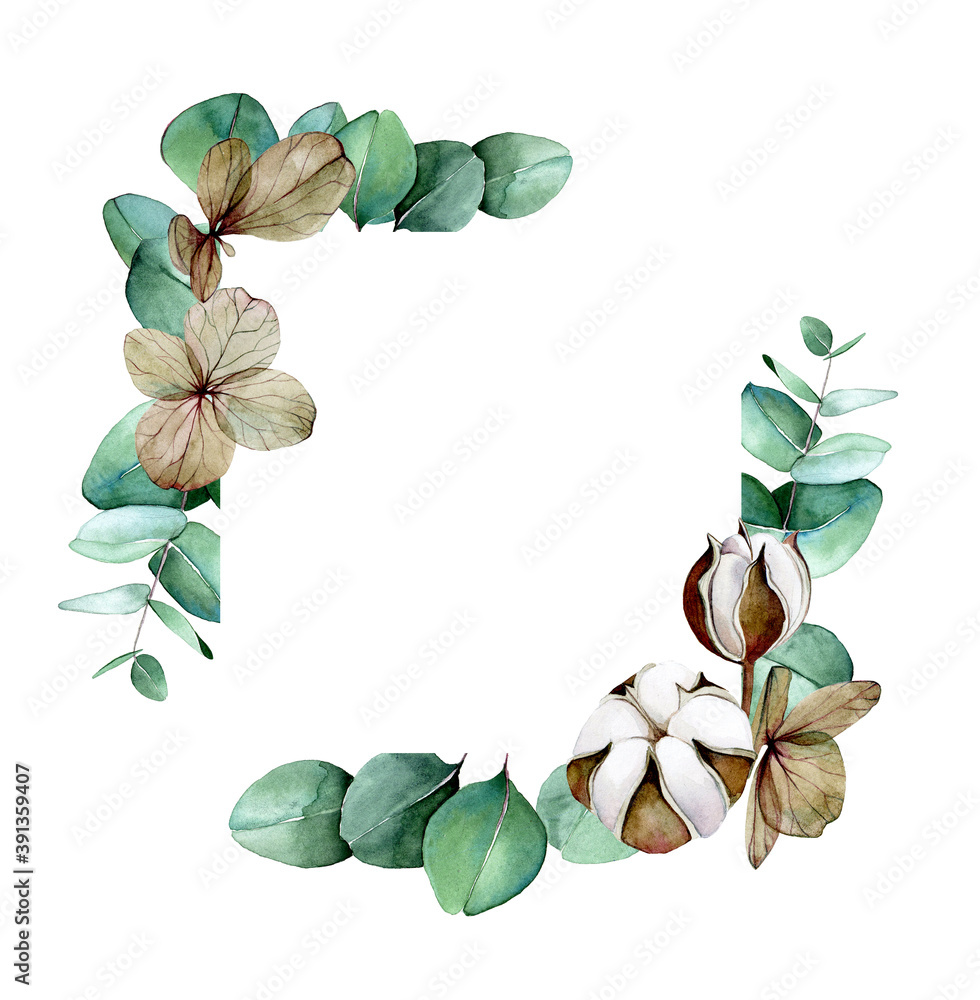 桉树叶、干绣球花和棉花花的水彩方形框架。框架，边框绘制