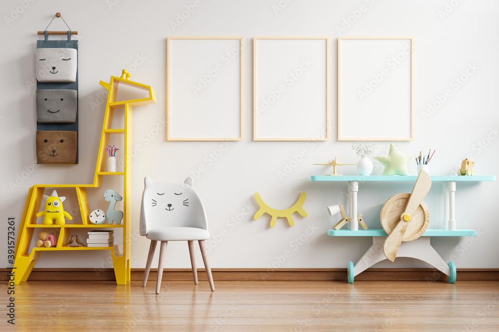 儿童房、儿童房、幼儿园模型中的模型海报框架。
